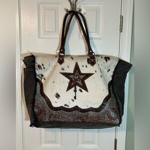 MYRA Large Canvas & Hairon Bag w/Floral Embossed Detailing, Leather 12” Handles